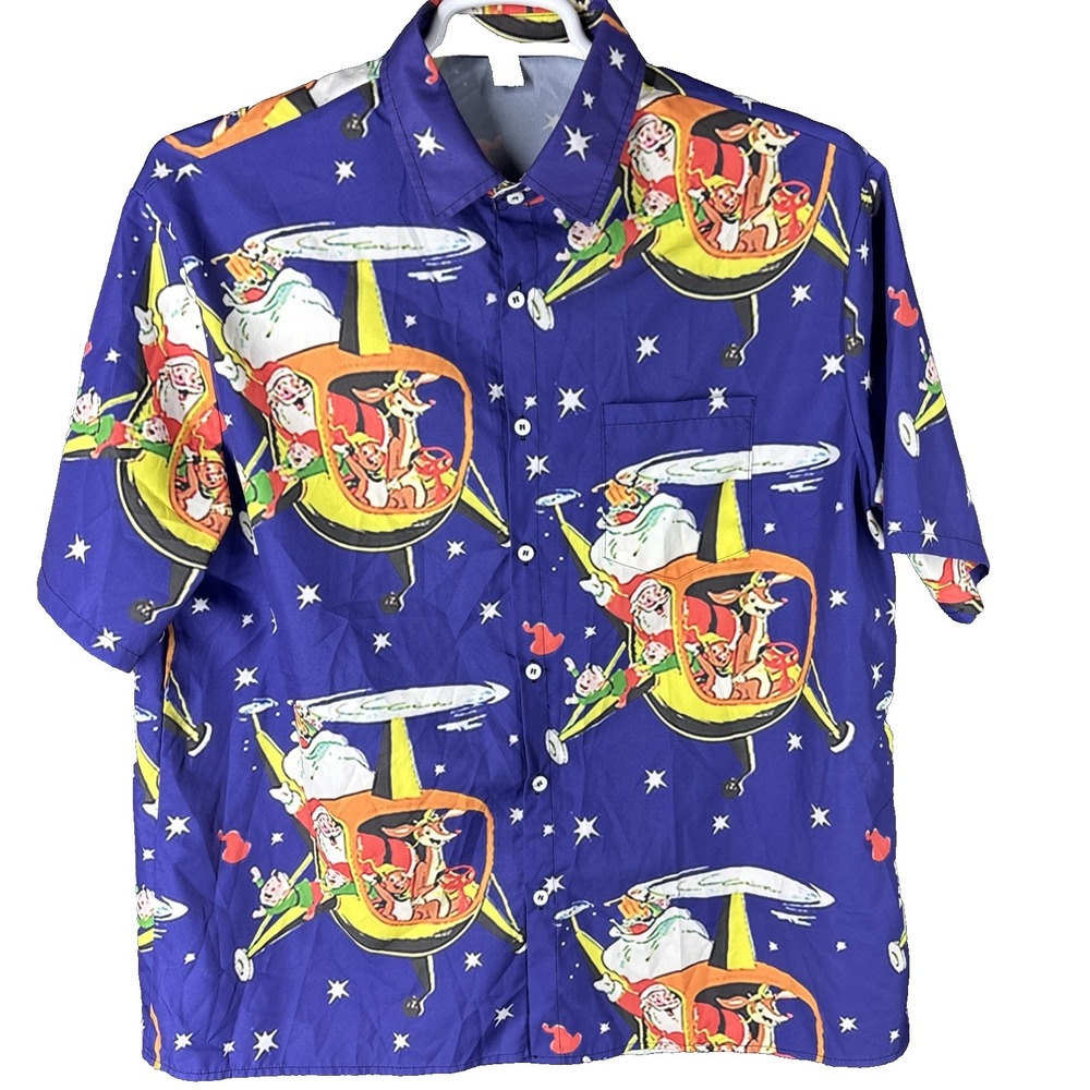 Christmas Santa Hawaiian Button Aloha Shirt Beach Men's M Reindeer Palm Trees